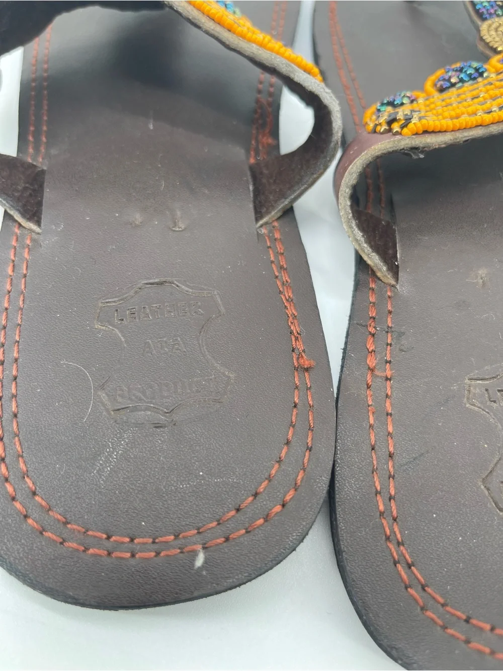 African Handmade Leather Brown with Colorful Beaded Toe-Post Sandals